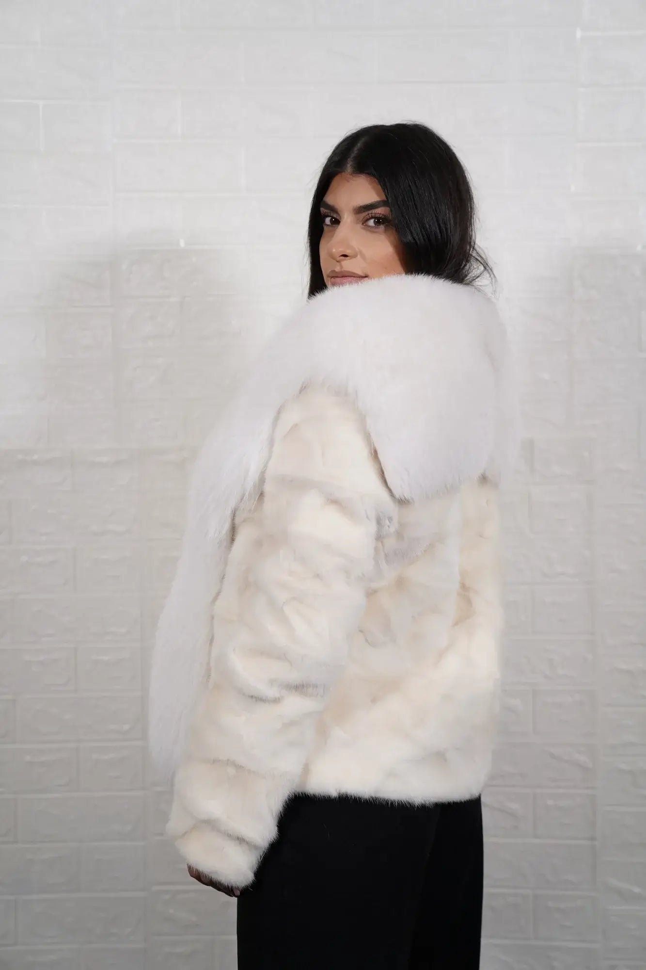 mink fur jacket white with fox — full skin fox collar and front panels, long pile red black fox detail — Greek craftsmanship, TatiFurs
