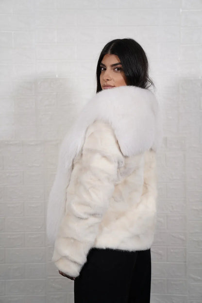 mink fur jacket white with fox — full skin fox collar and front panels, long pile red black fox detail — Greek craftsmanship, TatiFurs
