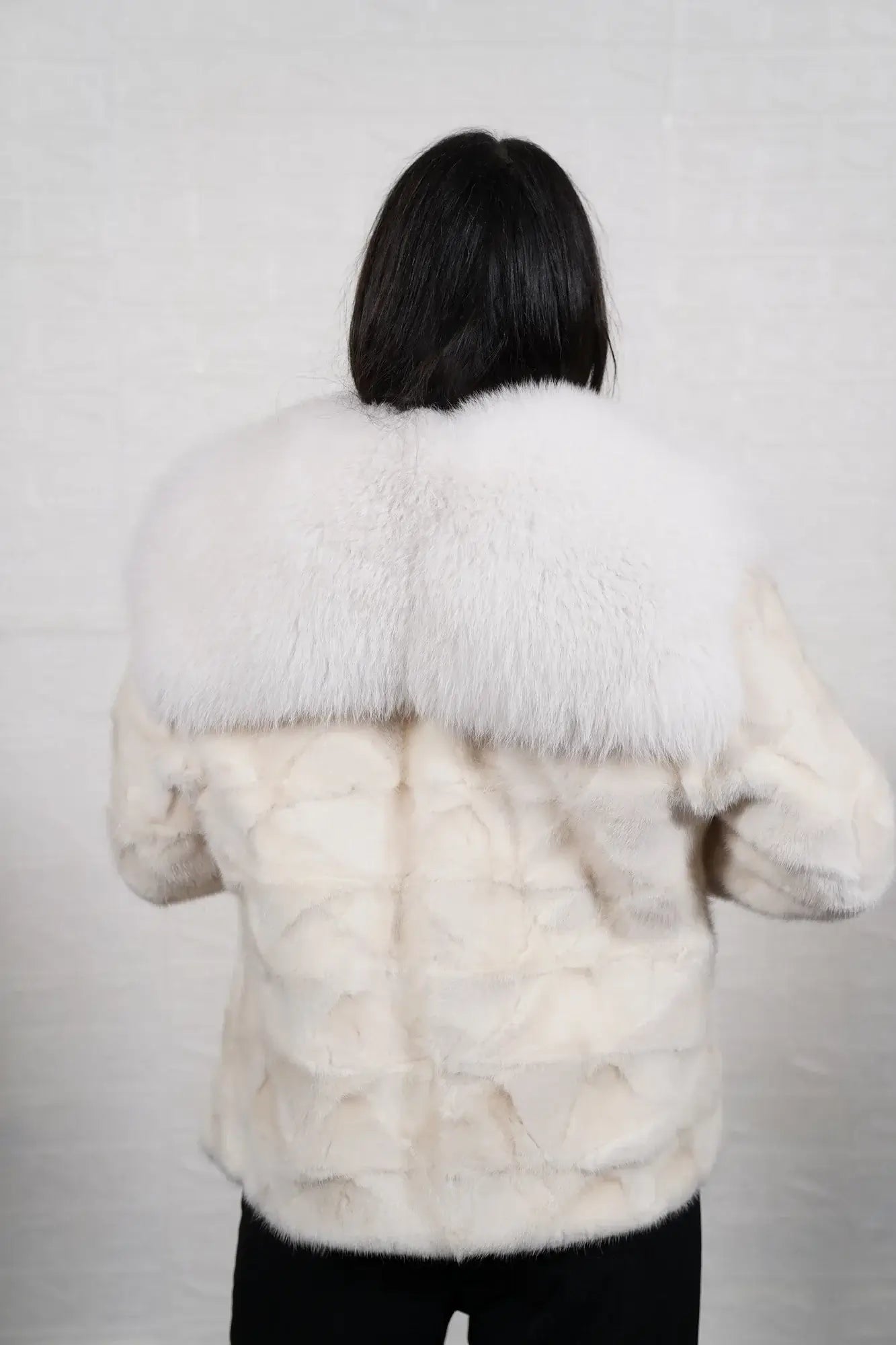 mink fur jacket white with fox — back view, clean white mink body, hip level — Greek craftsmanship, TatiFurs
