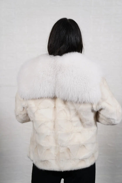 mink fur jacket white with fox — back view, clean white mink body, hip level — Greek craftsmanship, TatiFurs
