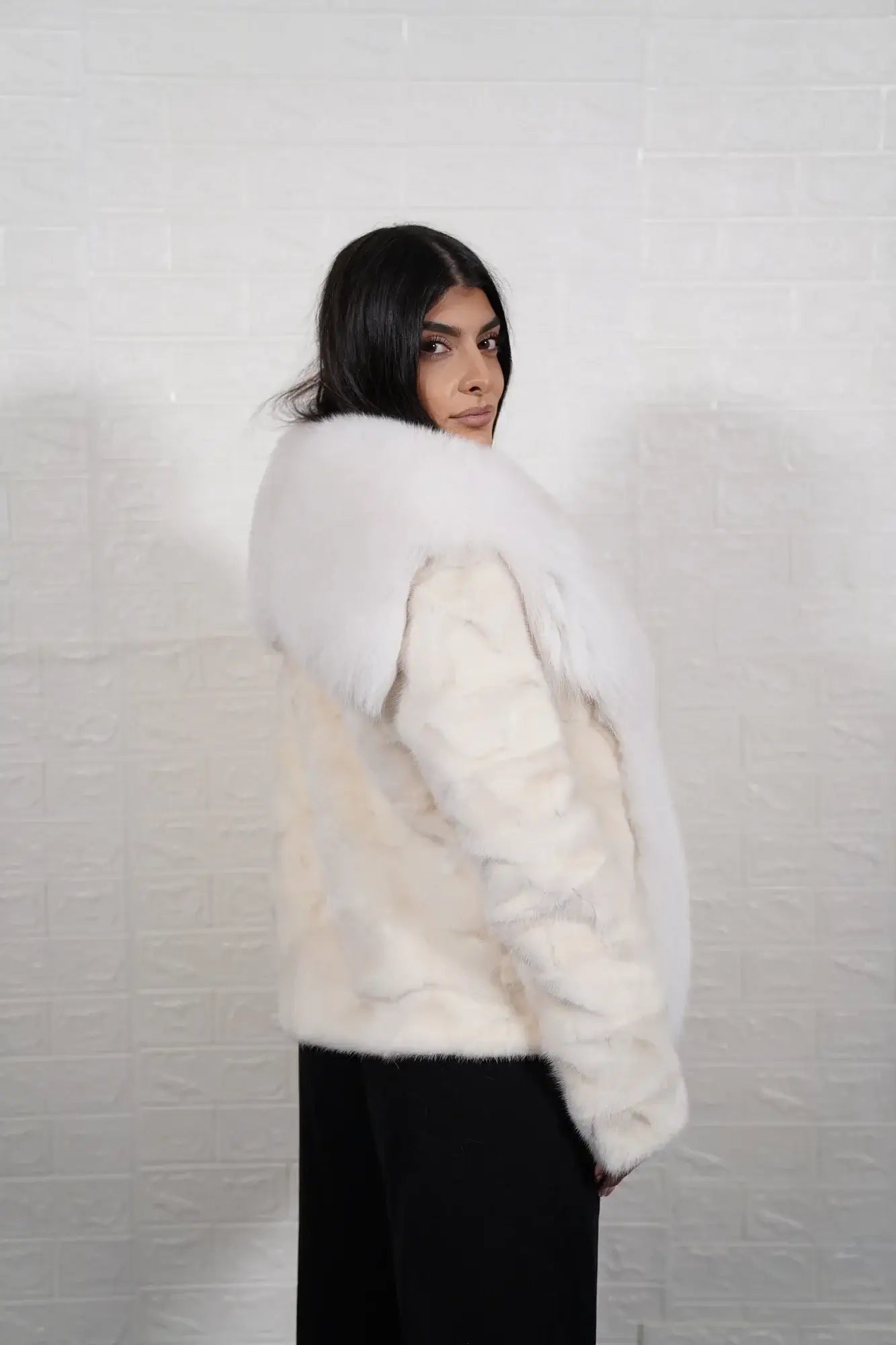 mink fur jacket white with fox — oversized fox shawl collar, collar to hem cascade, dramatic front panels — Greek craftsmanship, TatiFurs
