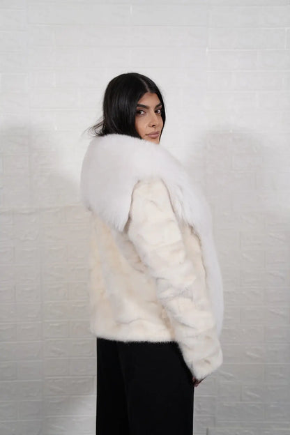 mink fur jacket white with fox — oversized fox shawl collar, collar to hem cascade, dramatic front panels — Greek craftsmanship, TatiFurs
