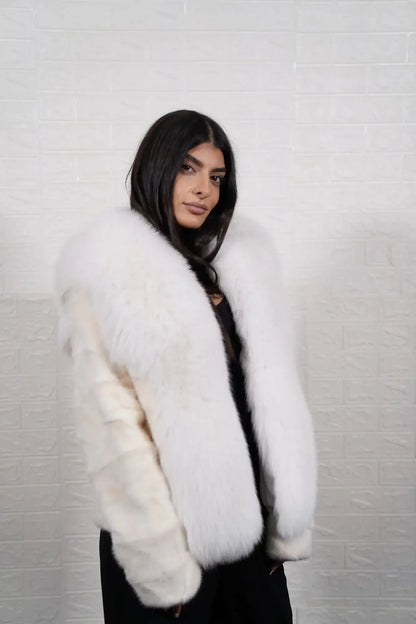 mink fur jacket white with fox — side profile, hip level silhouette, fox panels framing front — Greek craftsmanship, TatiFurs
