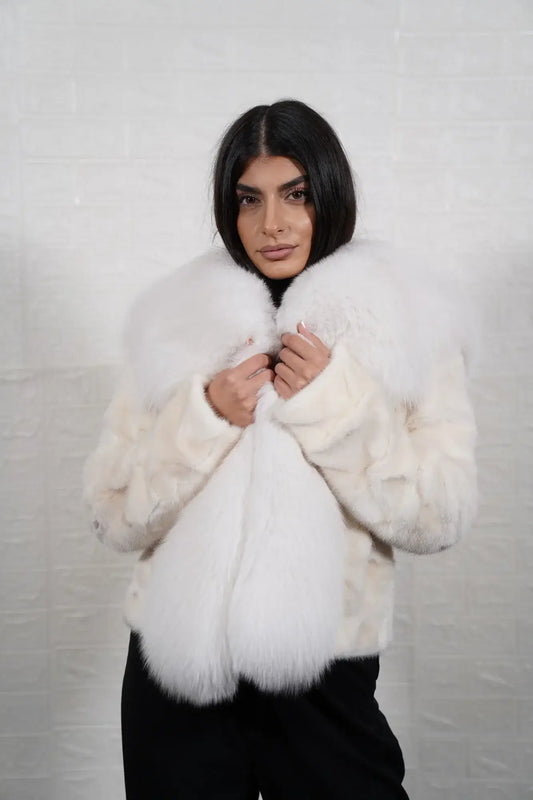 mink fur jacket white with fox — white mink body, red black fox shawl collar cascading full front, hip level, front view — Greek craftsmanship, TatiFurs
