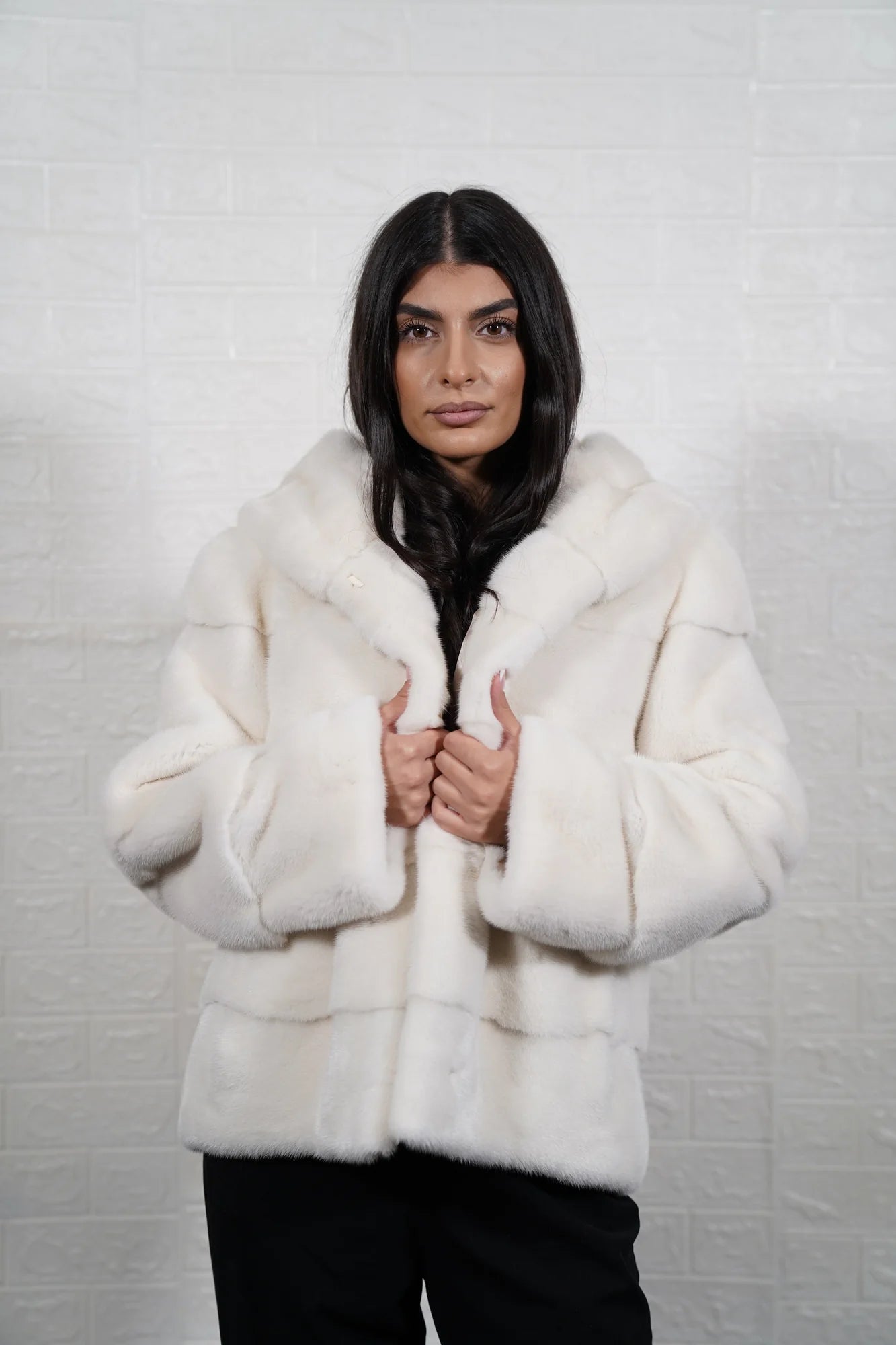 mink fur jacket white — hood detail, matched white mink lining, graded tone — Greek craftsmanship, TatiFurs
