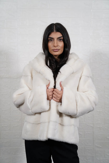 mink fur jacket white — hood detail, matched white mink lining, graded tone — Greek craftsmanship, TatiFurs
