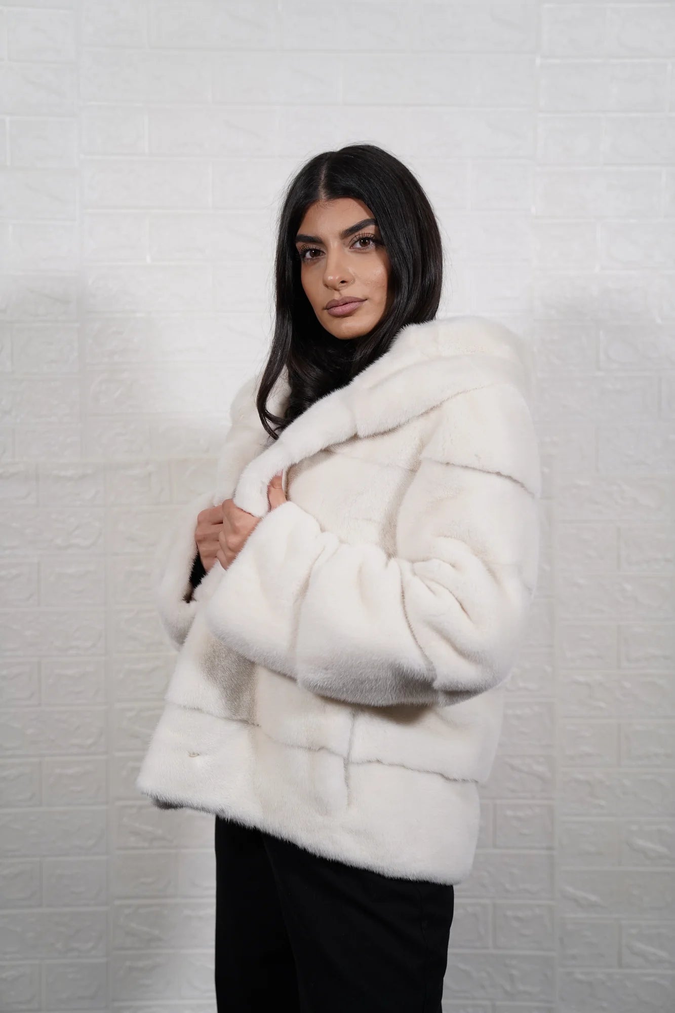 mink fur jacket white — horizontal full skin mink rows, close-up surface detail — Greek craftsmanship, TatiFurs
