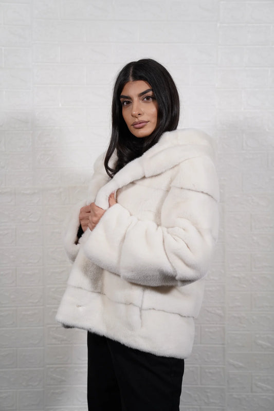 mink fur jacket white — horizontal full skin mink rows, close-up surface detail — Greek craftsmanship, TatiFurs
