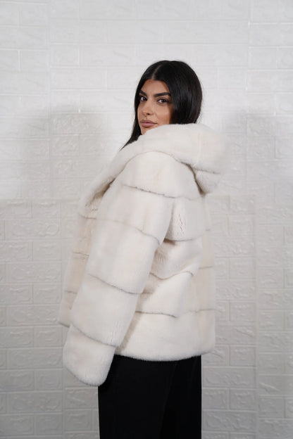 mink fur jacket white — full front view, button closure, luminous white tone — Greek craftsmanship, TatiFurs
