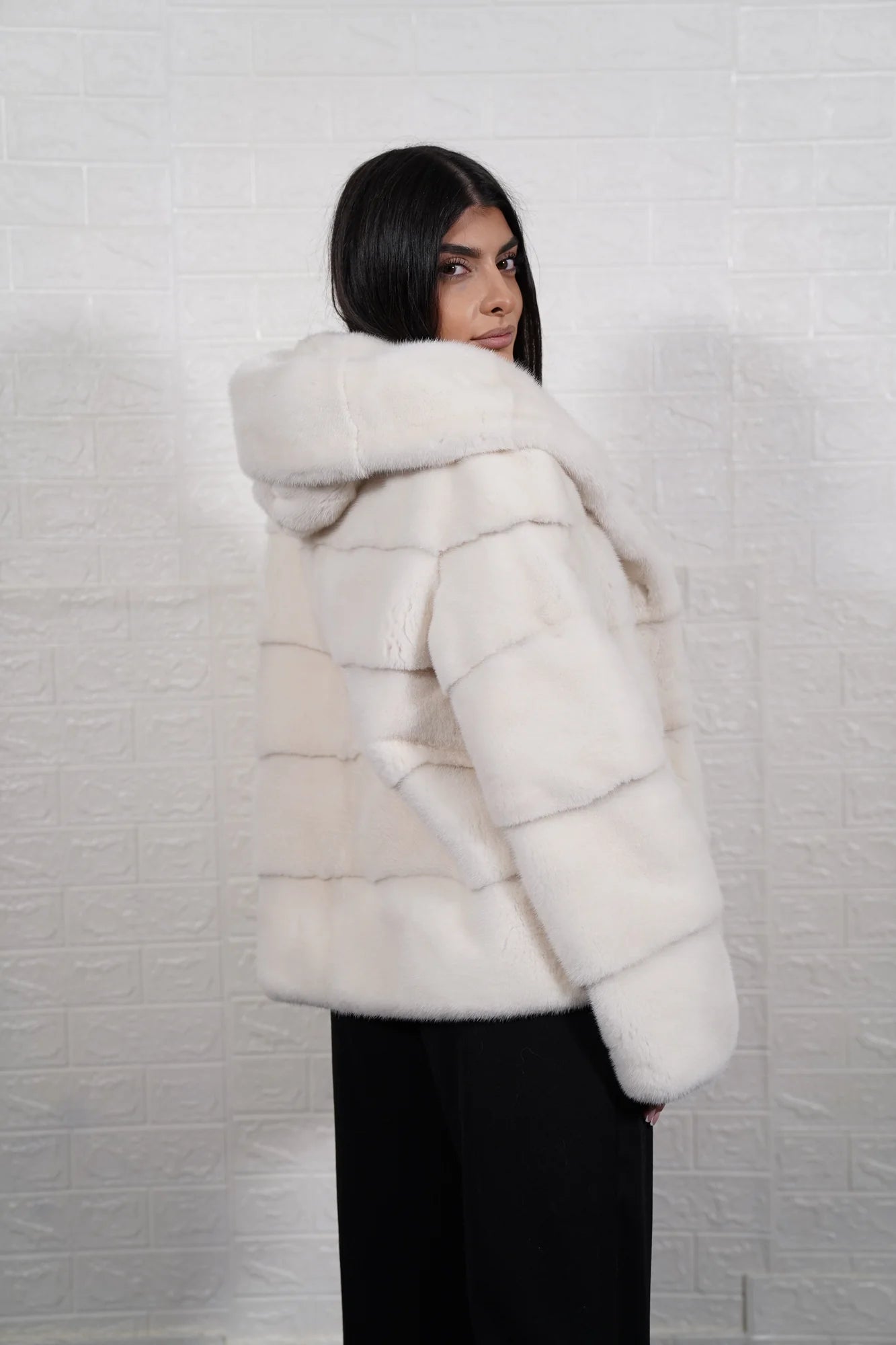 mink fur jacket white — back view, hood detail, hip level horizontal rows — Greek craftsmanship, TatiFurs
