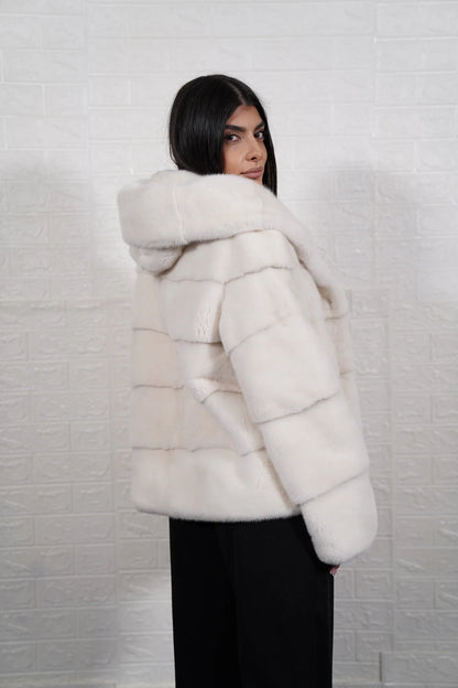 mink fur jacket white — back view, hood detail, hip level horizontal rows — Greek craftsmanship, TatiFurs

