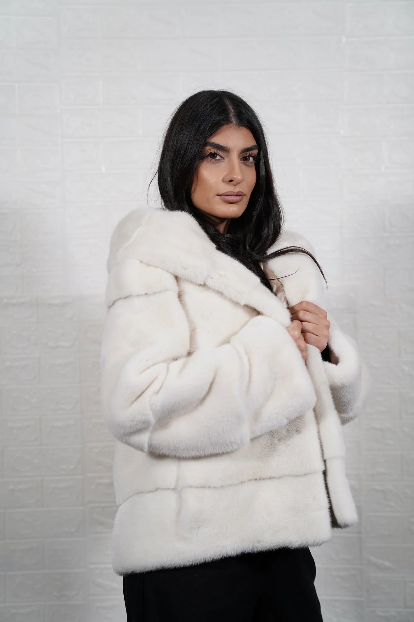 mink fur jacket white — worn over white silk blouse, total luminous layering — Greek craftsmanship, TatiFurs
