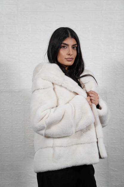 mink fur jacket white — worn over white silk blouse, total luminous layering — Greek craftsmanship, TatiFurs

