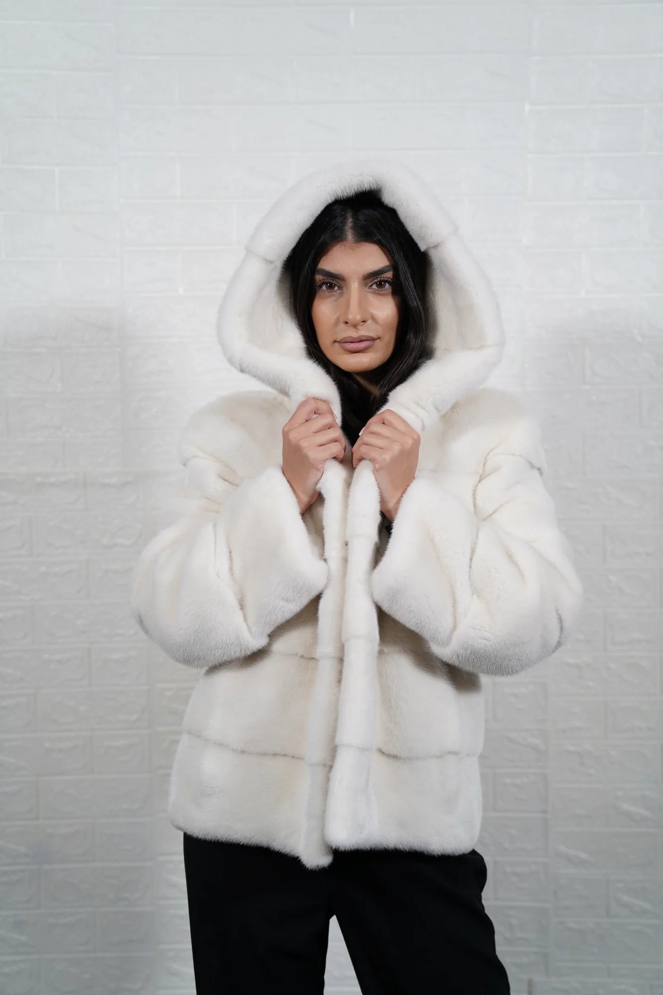 mink fur jacket white — full skin horizontal construction, hooded, hip level, button closure, front view — Greek craftsmanship, TatiFurs
