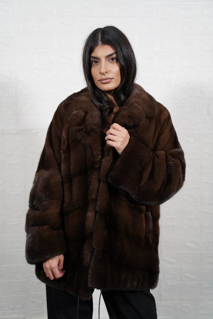 mink fur jacket brown — worn over camel turtleneck, warm tonal layering — Greek craftsmanship, TatiFurs
