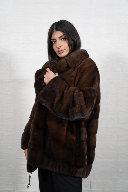 mink fur jacket brown — full skin diagonal construction, collared, below hip, button closure, front view — Greek craftsmanship, TatiFurs

