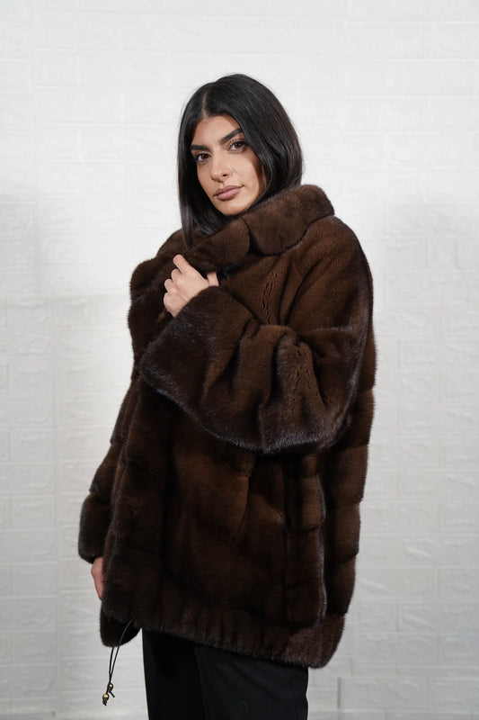 mink fur jacket brown — full skin diagonal construction, collared, below hip, button closure, front view — Greek craftsmanship, TatiFurs
