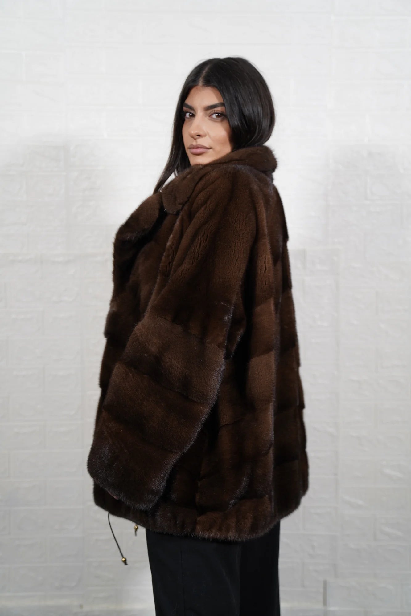 mink fur jacket brown — full front view, button closure collar to hem — Greek craftsmanship, TatiFurs
