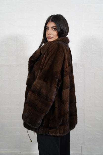 mink fur jacket brown — full front view, button closure collar to hem — Greek craftsmanship, TatiFurs
