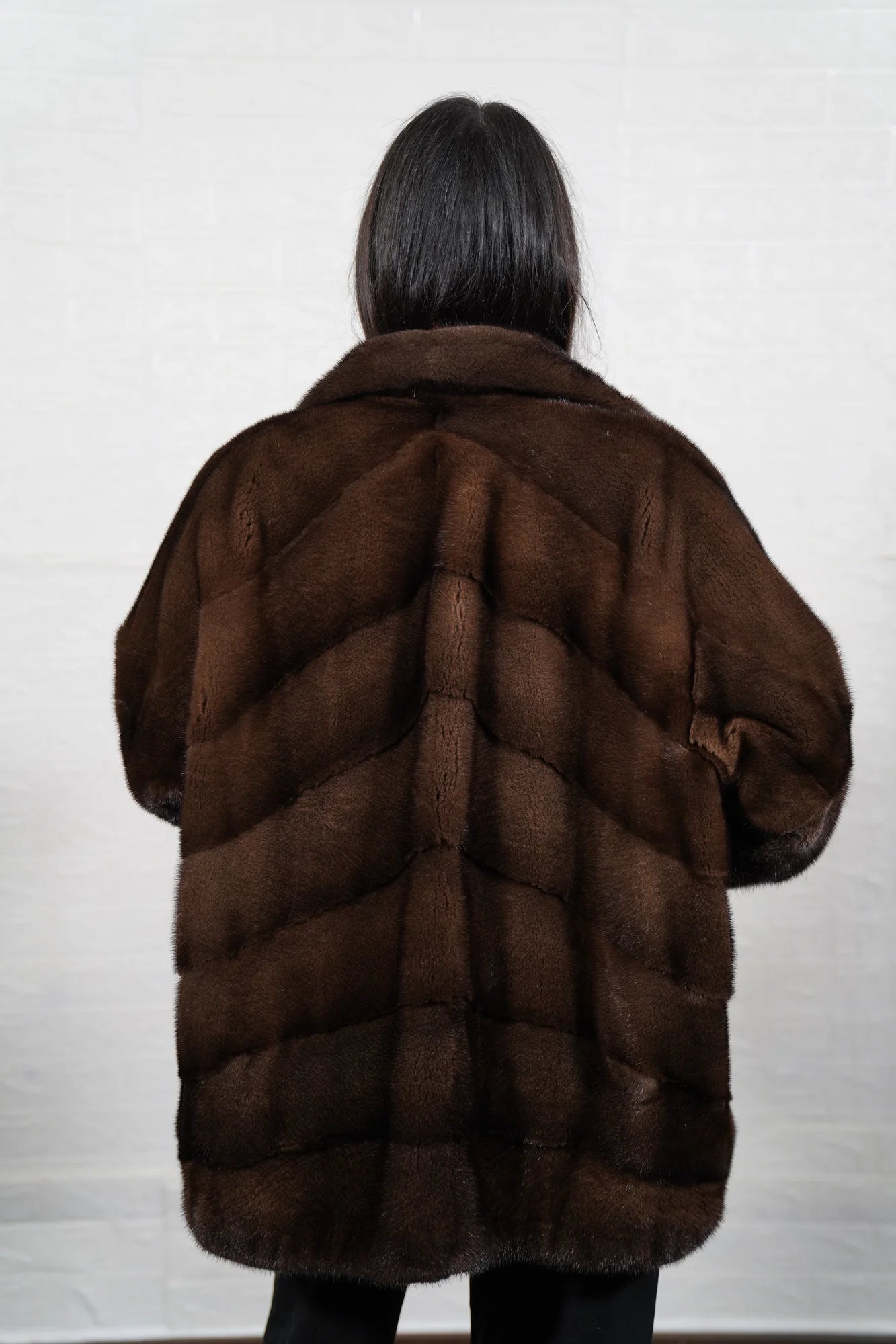 mink fur jacket brown — back view, below hip length, diagonal pelt direction — Greek craftsmanship, TatiFurs
