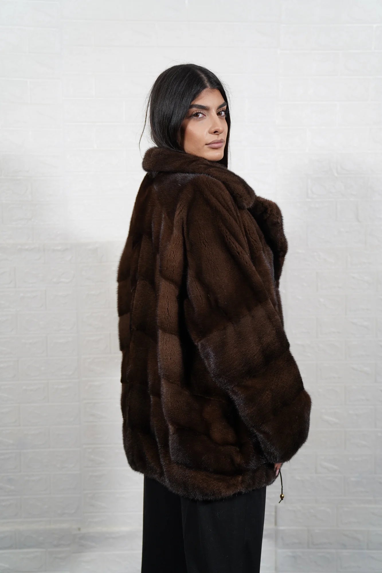 mink fur jacket brown — side profile, below hip silhouette, diagonal construction — Greek craftsmanship, TatiFurs
