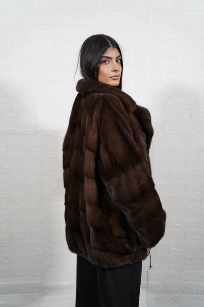 mink fur jacket brown — side profile, below hip silhouette, diagonal construction — Greek craftsmanship, TatiFurs
