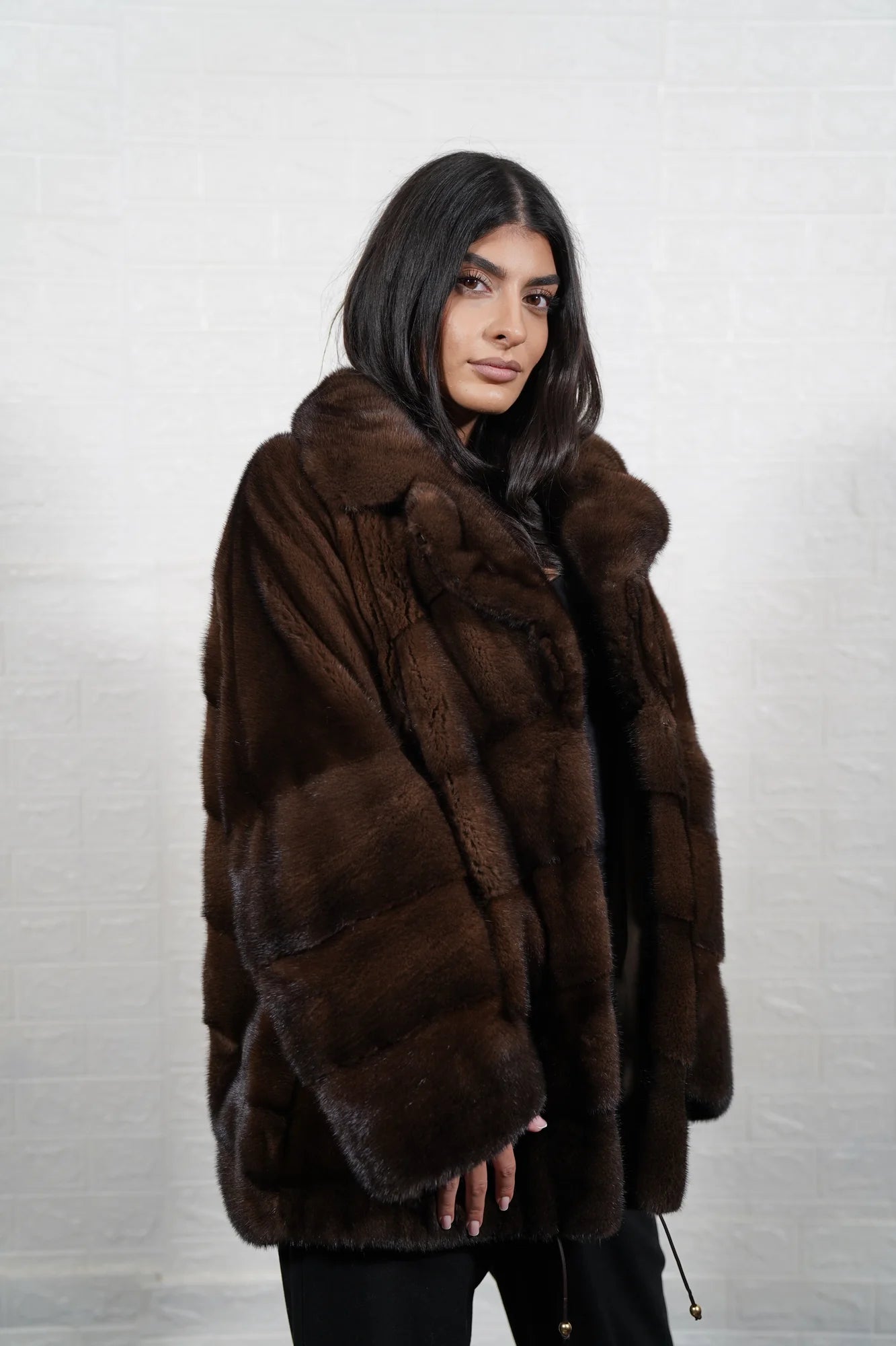 mink fur jacket brown — diagonal construction surface movement, natural brown tone variation — Greek craftsmanship, TatiFurs
