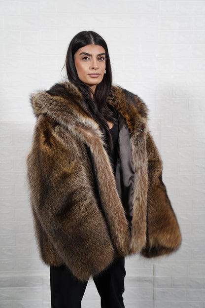 Raccoon fur jacket natural brown hooded below hip women — front view hood down, TatiFurs
