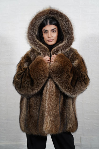 Raccoon fur jacket natural brown displaying full skin warm brown raccoon and below hip hooded silhouette — Greek craftsmanship, TatiFurs
