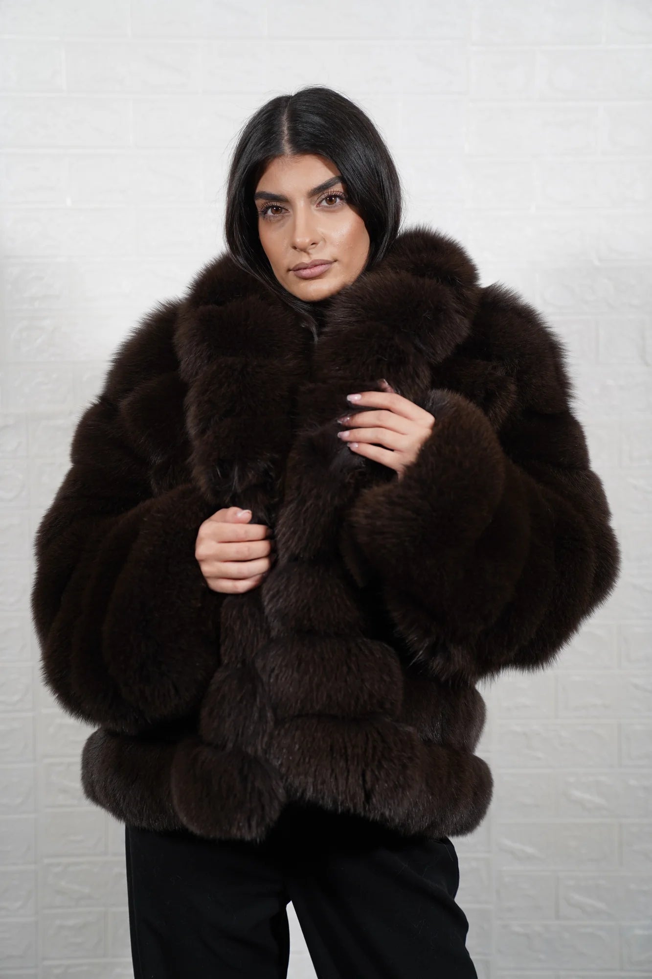 Fox fur jacket brown shown from the back displaying full hip level silhouette and horizontal rabbit trim construction across brown fox rows — Greek craftsmanship, TatiFurs
