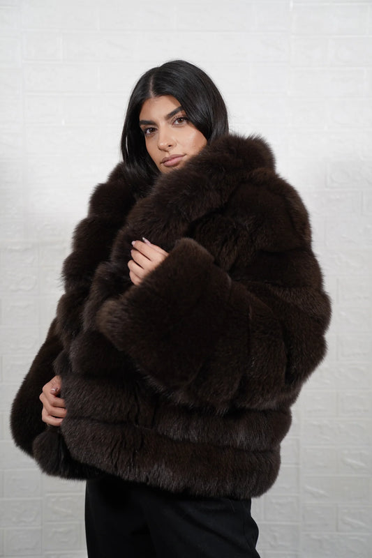 Fox fur jacket brown displaying full skin brown fox horizontal rows with rabbit fur trim strips generous collar and hip level silhouette — Greek craftsmanship, TatiFurs
