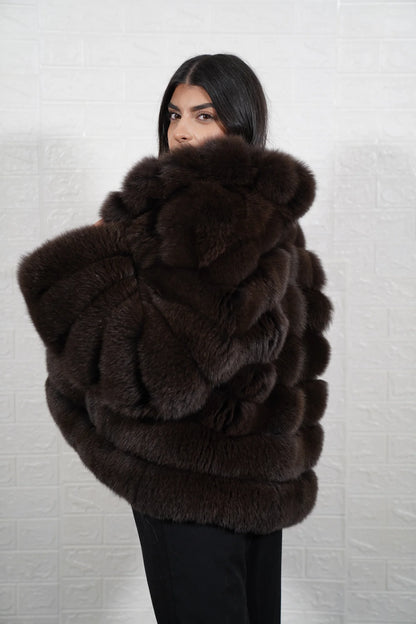 Fox fur jacket brown close-up texture showing full skin brown fox long pile and horizontal rabbit fur trim strip construction between fox rows — Greek craftsmanship, TatiFurs
