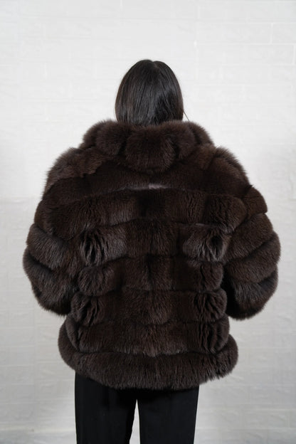 Fox fur jacket brown generous collar close-up showing precise matching between large collar and shoulder skins in deep warm brown fox — Greek craftsmanship, TatiFurs
