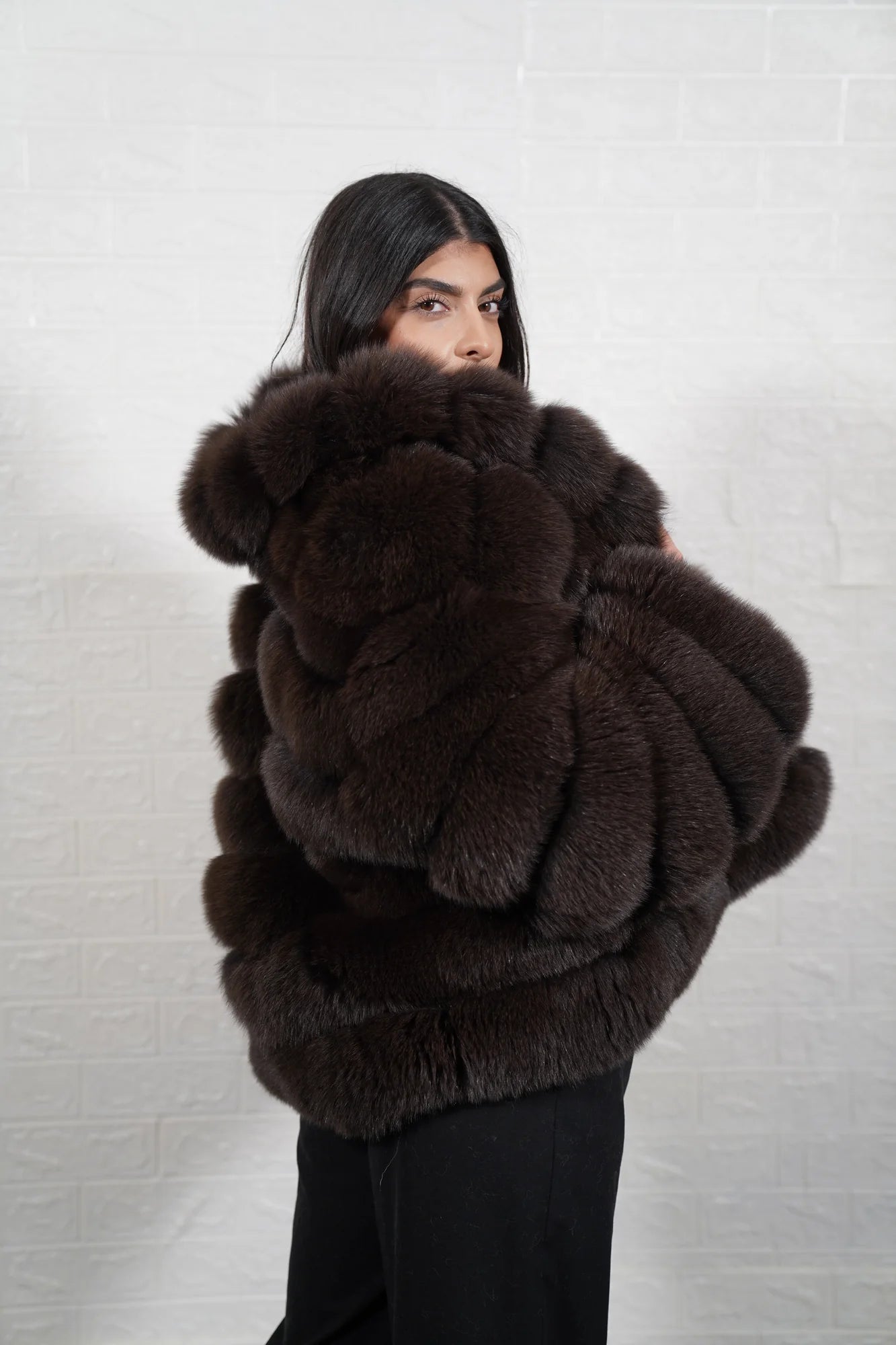 Fox fur jacket brown rabbit trim close-up showing horizontal rabbit fur strips between full skin brown fox rows across jacket width — Greek craftsmanship, TatiFurs
