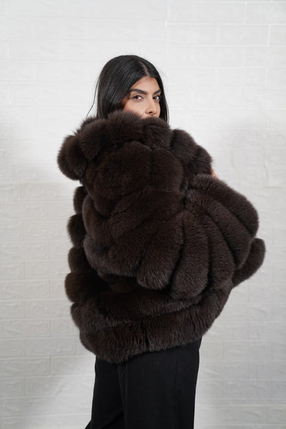 Fox fur jacket brown rabbit trim close-up showing horizontal rabbit fur strips between full skin brown fox rows across jacket width — Greek craftsmanship, TatiFurs

