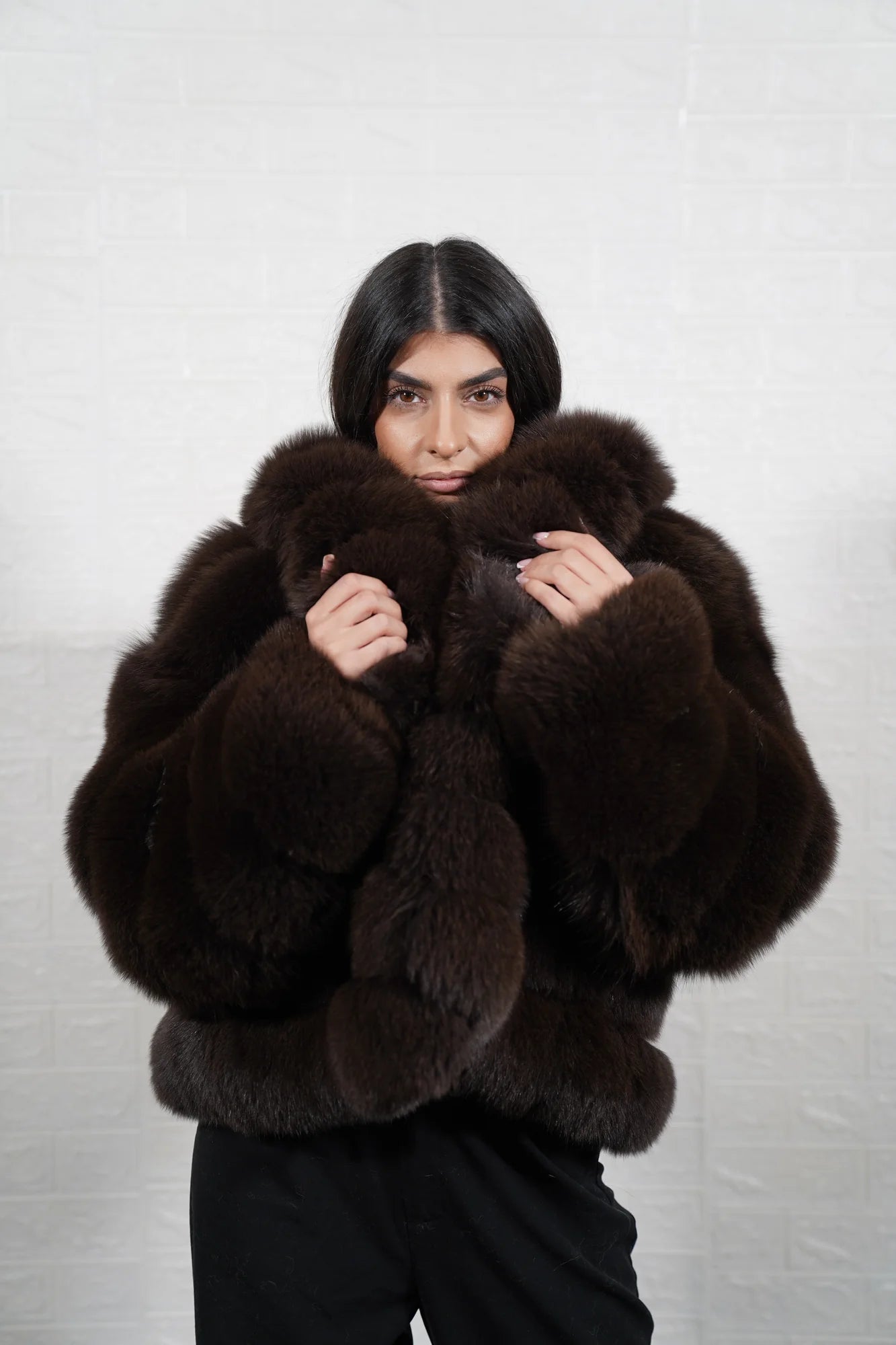 Fox fur jacket brown collar rabbit trim hip level women — front view, TatiFurs
