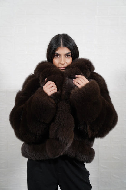 Fox fur jacket brown collar rabbit trim hip level women — front view, TatiFurs
