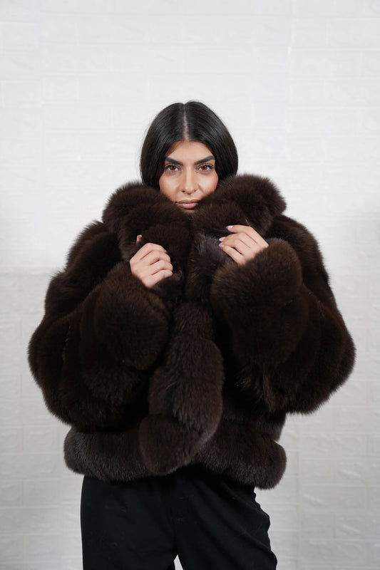 Fox fur jacket brown collar rabbit trim hip level women — front view, TatiFurs
