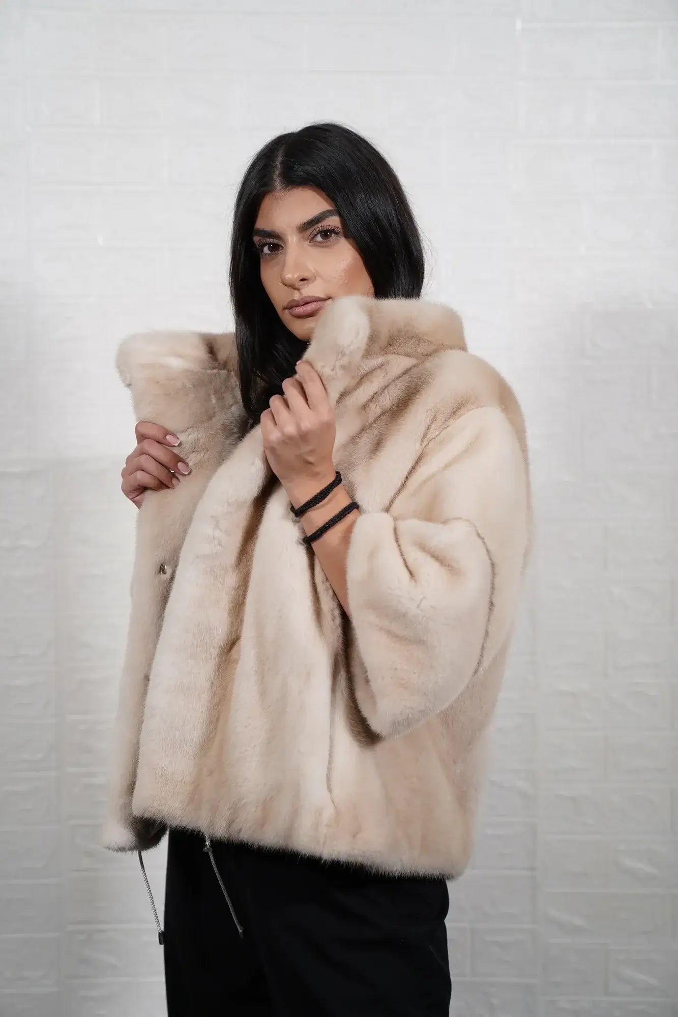 Mink fur jacket pastel ivory solid pattern collar button closure hip level women — front view, TatiFurs
