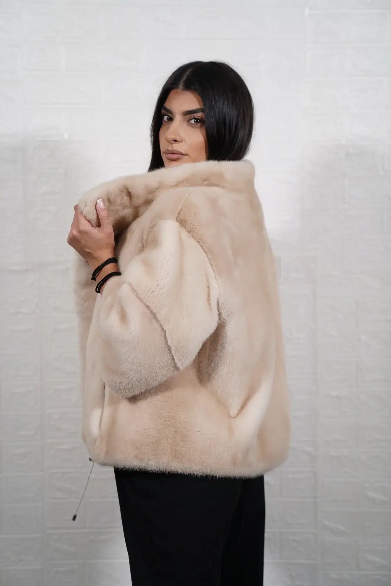 Mink fur jacket pastel ivory women shown full length from front displaying collar frame and button closure in soft luminous pastel ivory mink — Greek craftsmanship, TatiFurs
