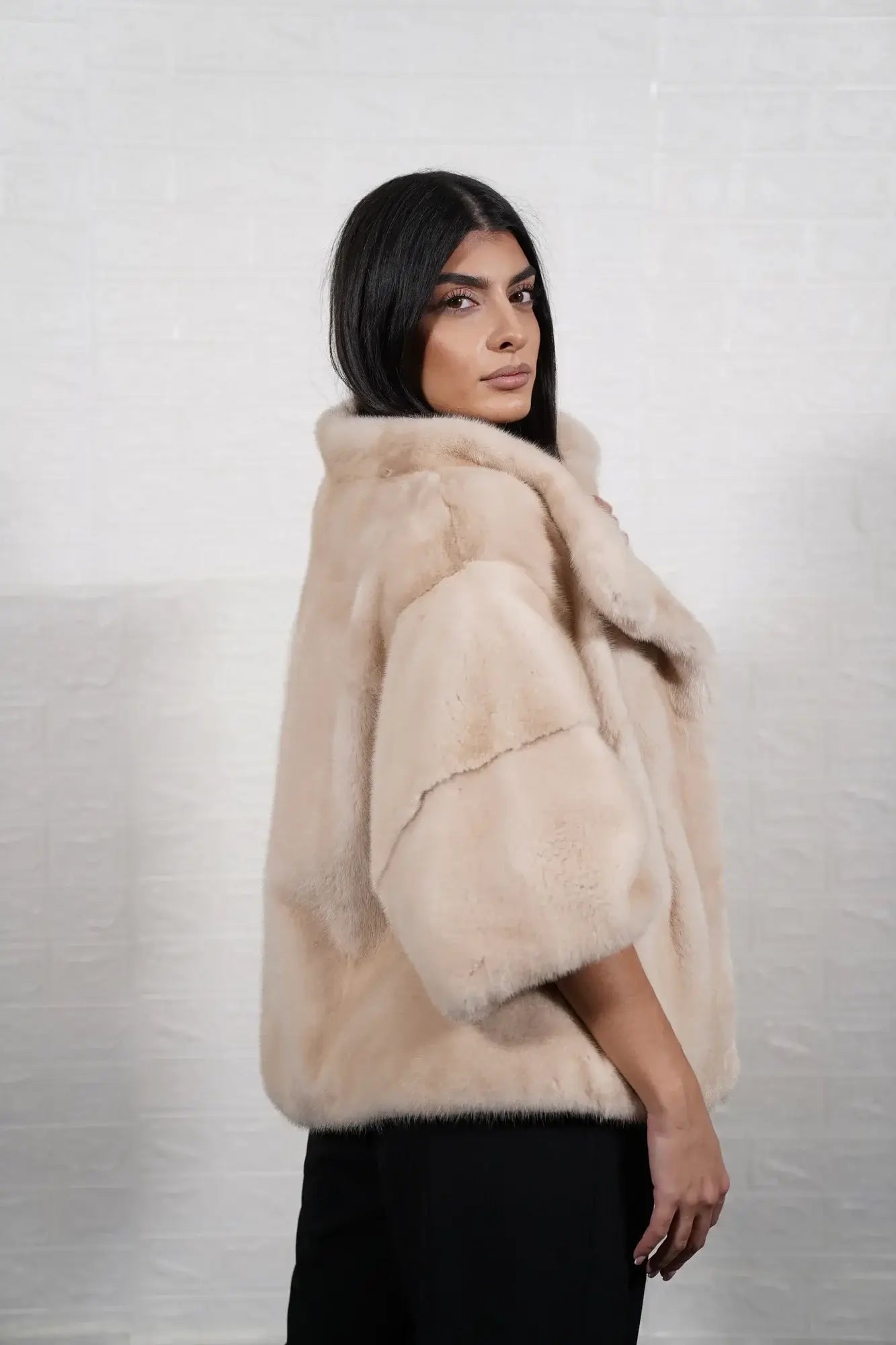 Mink fur jacket pastel ivory with collar displaying uniform flat ivory solid pattern surface and hip level silhouette — Greek craftsmanship, TatiFurs
