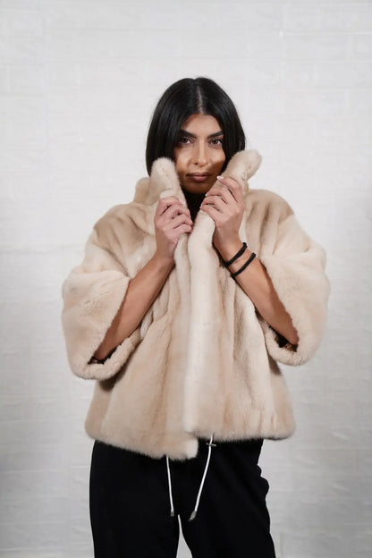 Mink fur jacket pastel ivory — detail shot of premium satin lining inside hip level jacket — Greek craftsmanship, TatiFurs
