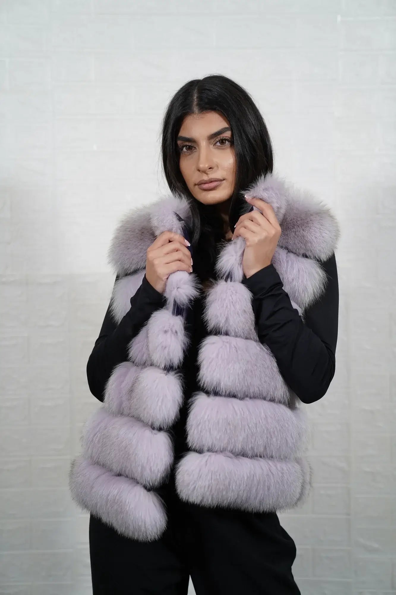 Fox fur vest purple women shown full length from front displaying collar frame and button closure in horizontal leather framed purple fox rows — Greek craftsmanship, TatiFurs
