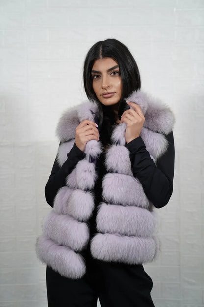 Fox fur vest purple women shown full length from front displaying collar frame and button closure in horizontal leather framed purple fox rows — Greek craftsmanship, TatiFurs
