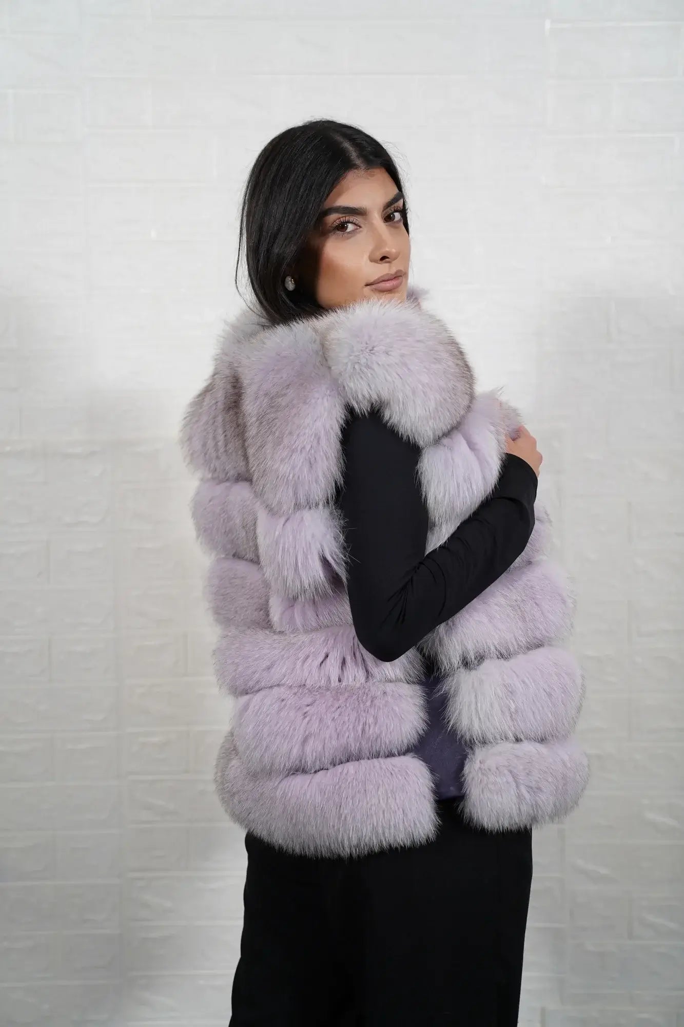 Fox fur vest purple collar close-up showing precise matching between collar and shoulder skins in bold commanding purple fox — Greek craftsmanship, TatiFurs
