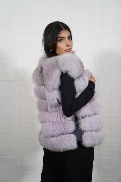 Fox fur vest purple collar close-up showing precise matching between collar and shoulder skins in bold commanding purple fox — Greek craftsmanship, TatiFurs
