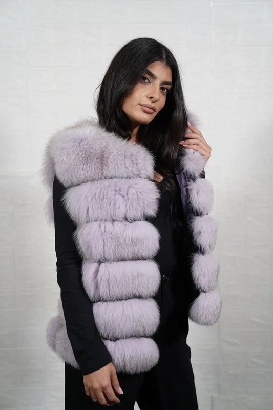 Fox fur vest purple collar leather trim hip level women — front view, TatiFurs
