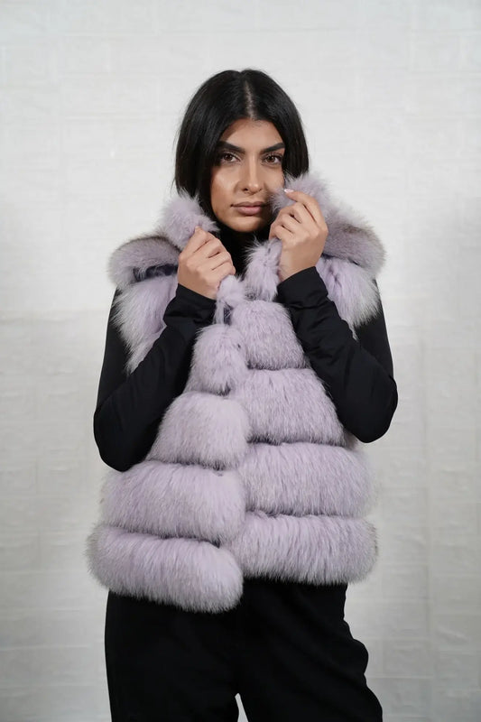 Fox fur vest purple displaying full skin purple fox horizontal rows with clean leather strips and hip level collared silhouette — Greek craftsmanship, TatiFurs
