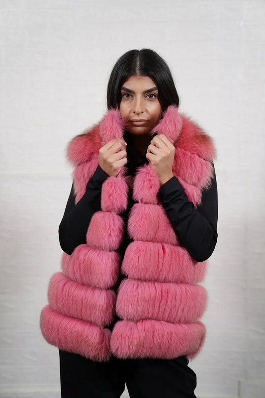 Fox fur vest pink collar leather trim hip level women — front view, TatiFurs
