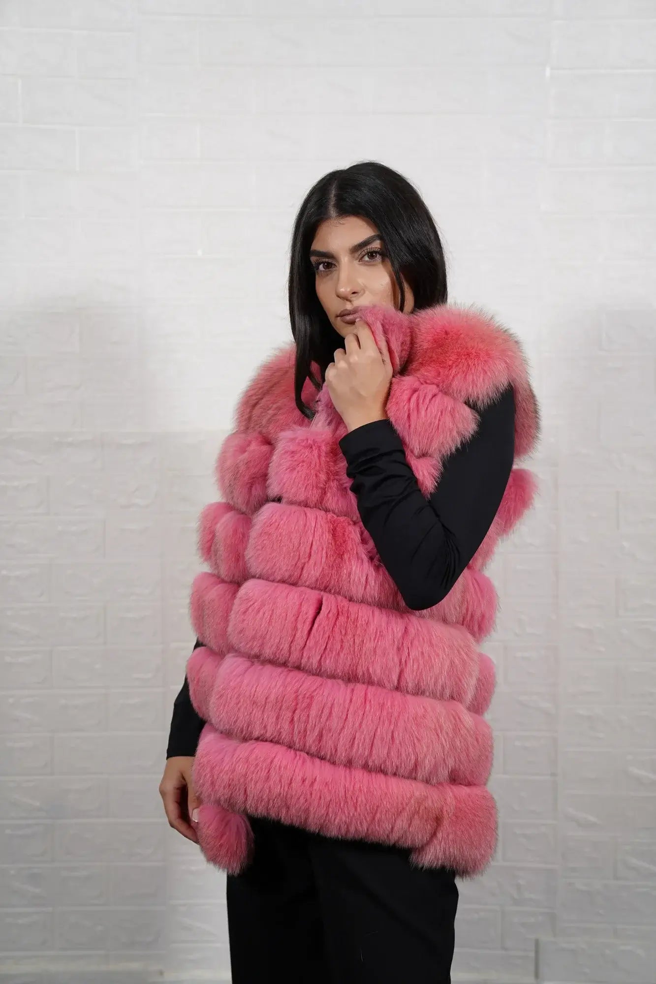 Fox fur vest pink collar close-up showing precise matching between collar and shoulder skins in soft romantic pink fox — Greek craftsmanship, TatiFurs

